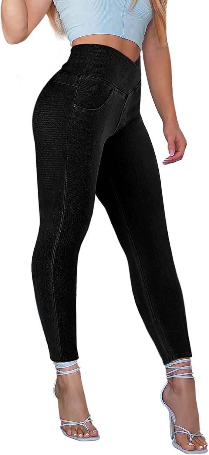 AIMILIA Crossover Jeggings for Women with Tummy Control Fit