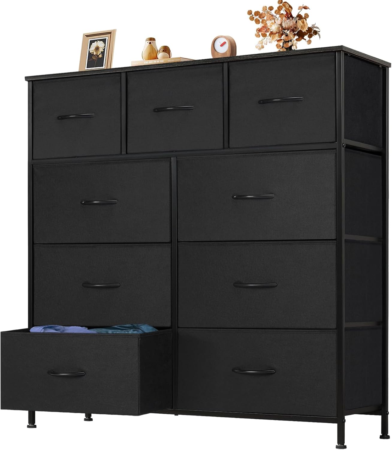 Versatile 9 Drawer Storage Dresser with Wood Top for Home