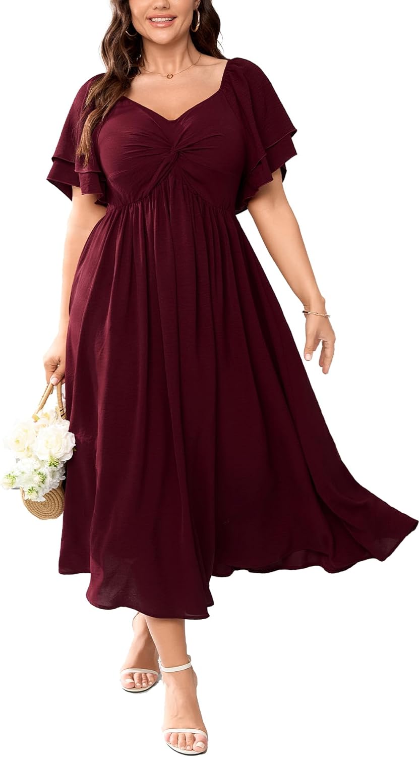 SCOMCHIC Plus Size Wedding Guest Cocktail Dress with Ruffle Sleeves
