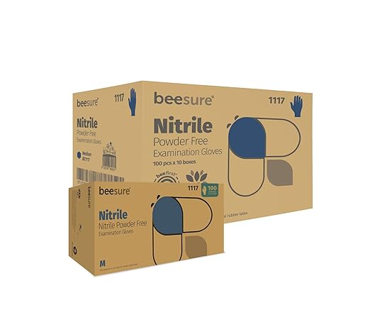 BeeSure BE1117case Powder Free Nitrile Exam Gloves, Medium Blue