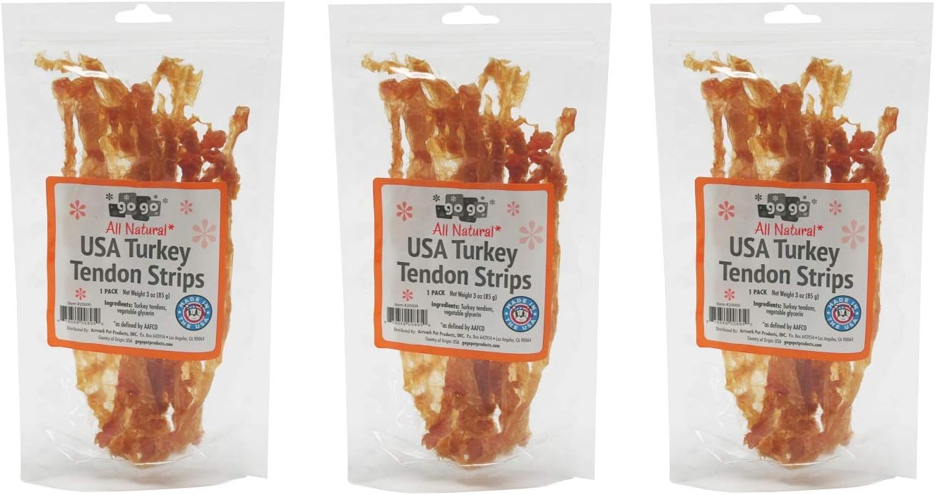 GOGO Turkey Tendon Strips Dog Chew Treats Made in USA 3 Pack