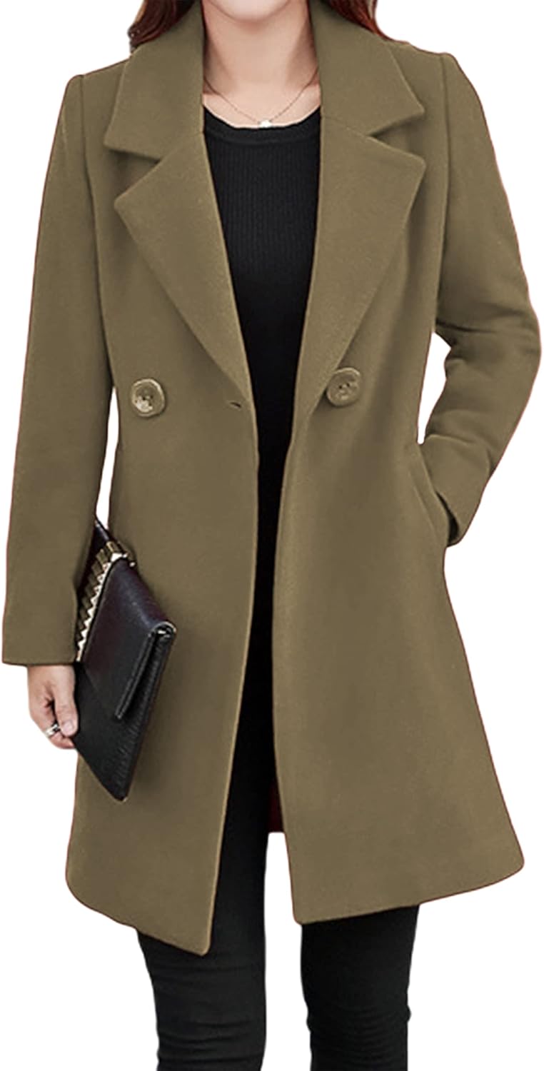 Tanming Womens Elegant Notched Collar Button Wool Blend Coat