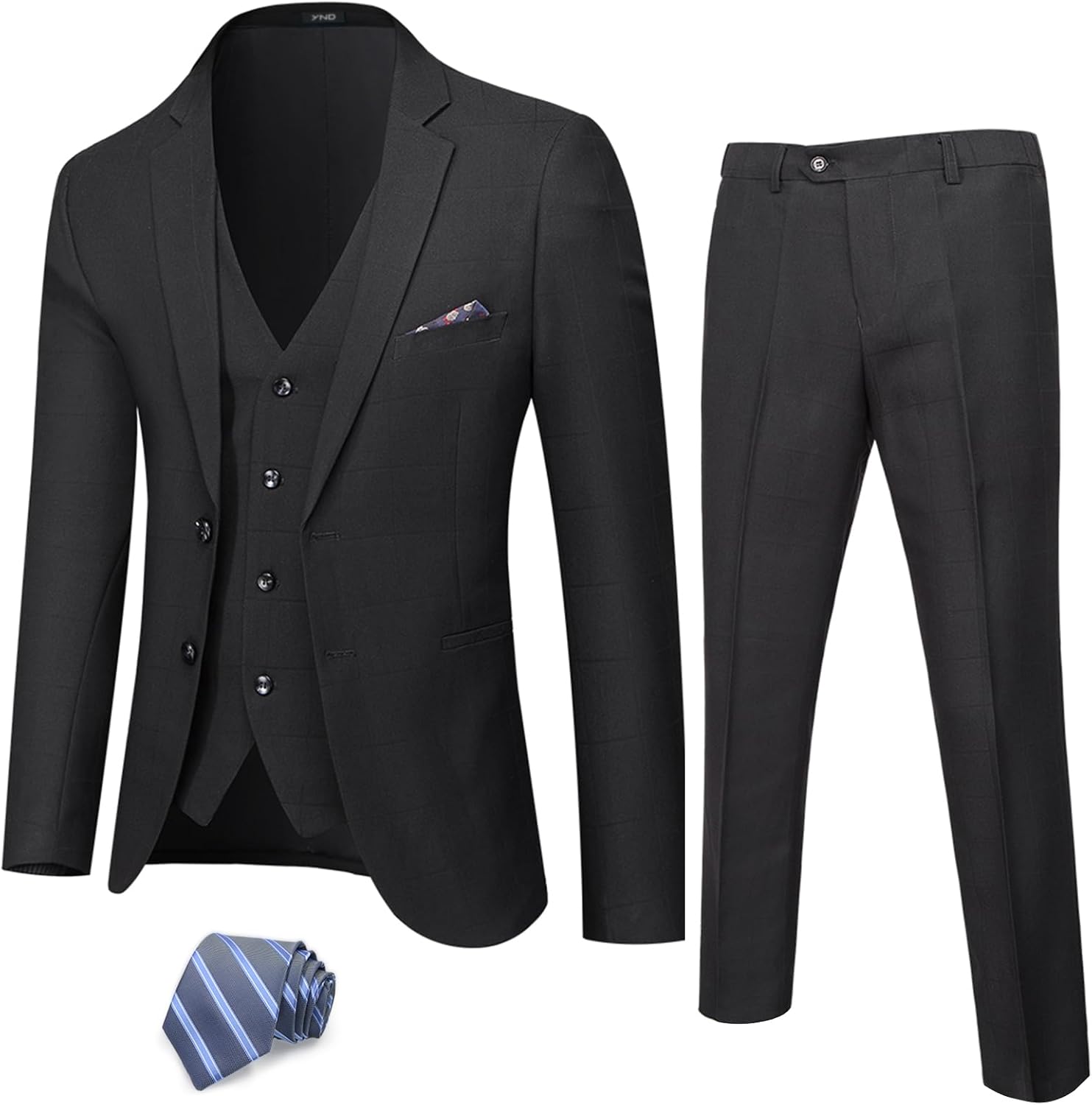 YND Men's 3 Piece Suit Set with Tie for Business and Weddings