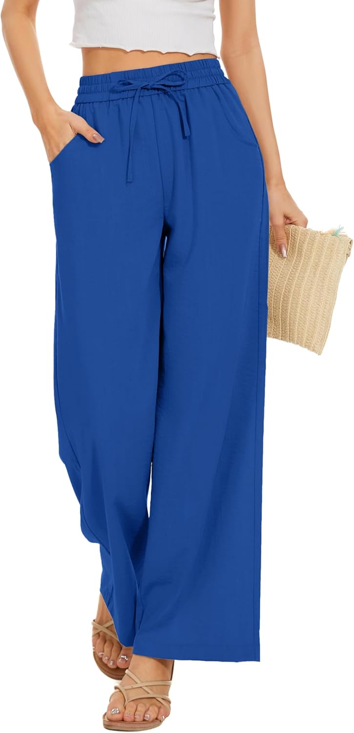 Women Flowy Pants Drawstring Waist Wide Leg Palazzo Beach Pants