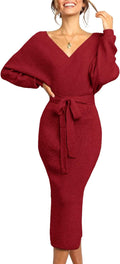 Women's Long Maxi Sweater Dress with Wrap V Neck and Belt