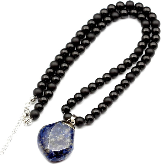 Natural Raw Tourmaline Pendant and Black Onyx Beaded Necklace