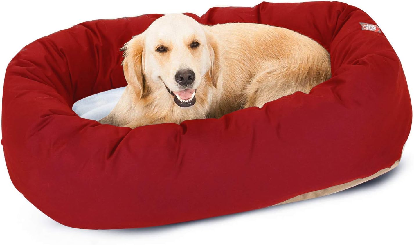 40 inch Red & Sherpa Bagel Dog Bed for Cozy Pet Retreat