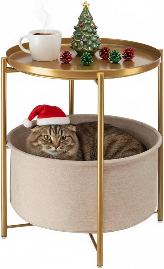 danpinera Round Side Table with Fabric Storage Basket, Gold
