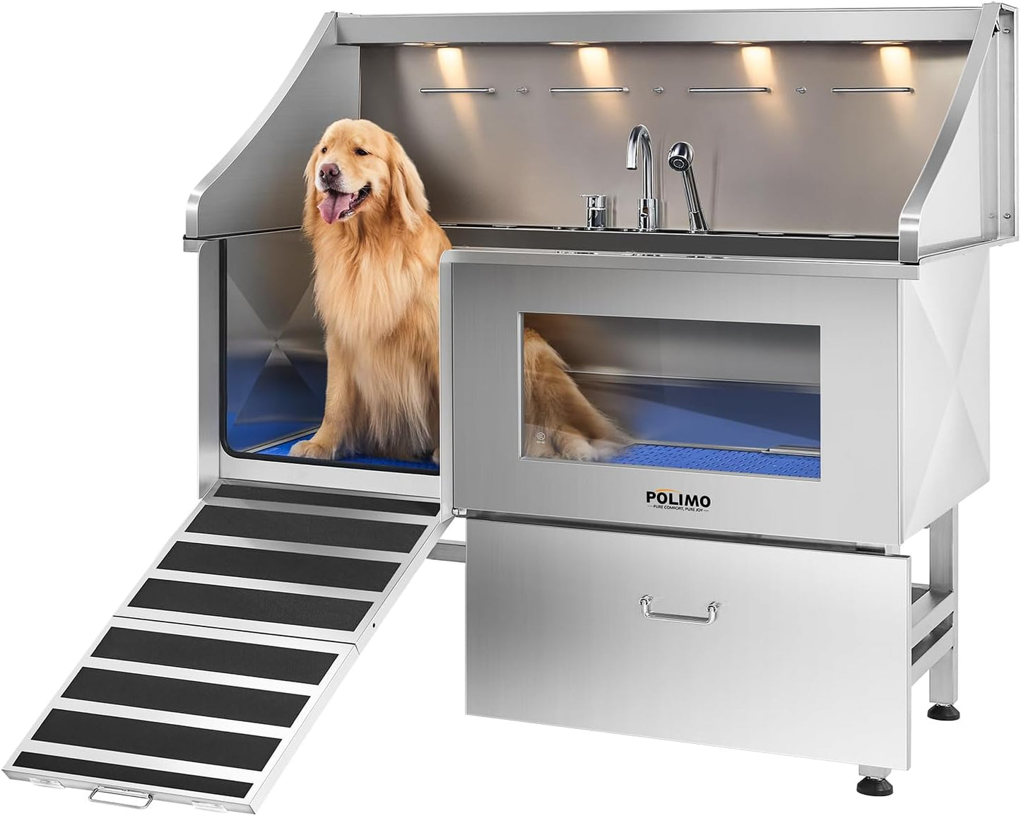 POLIMO Dog Washing Station 61in LED Stainless Steel Bathing Tub