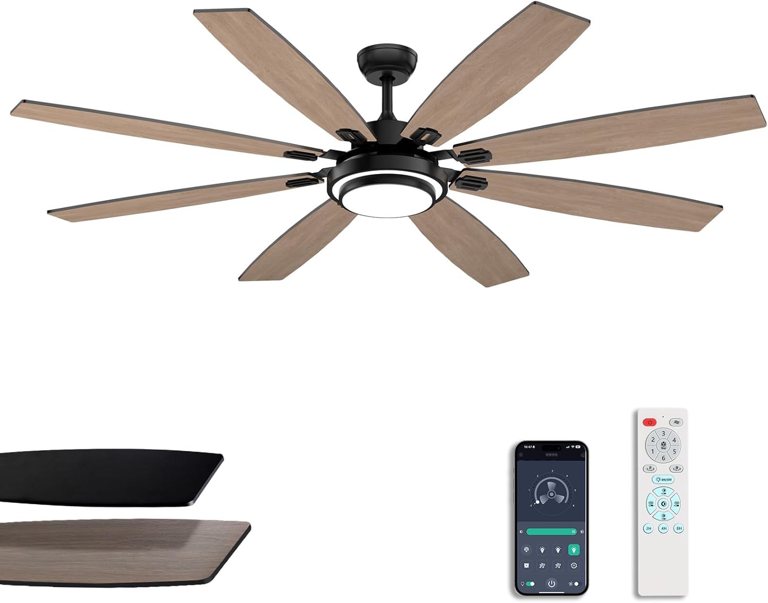 72 Inch Black Ceiling Fan with Lights and Remote Control Features