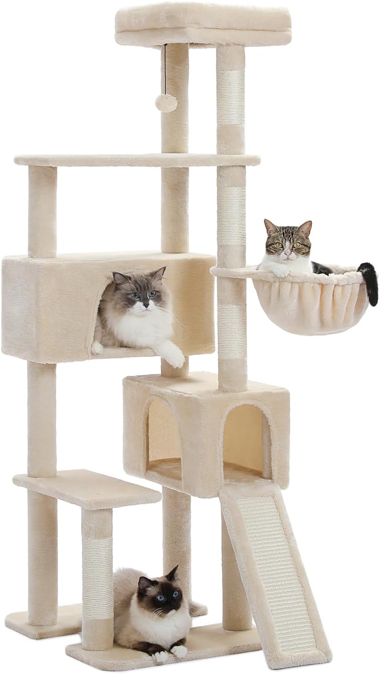 60 Inches Cat Tree with Dual Condos and Cozy Basket for Cats