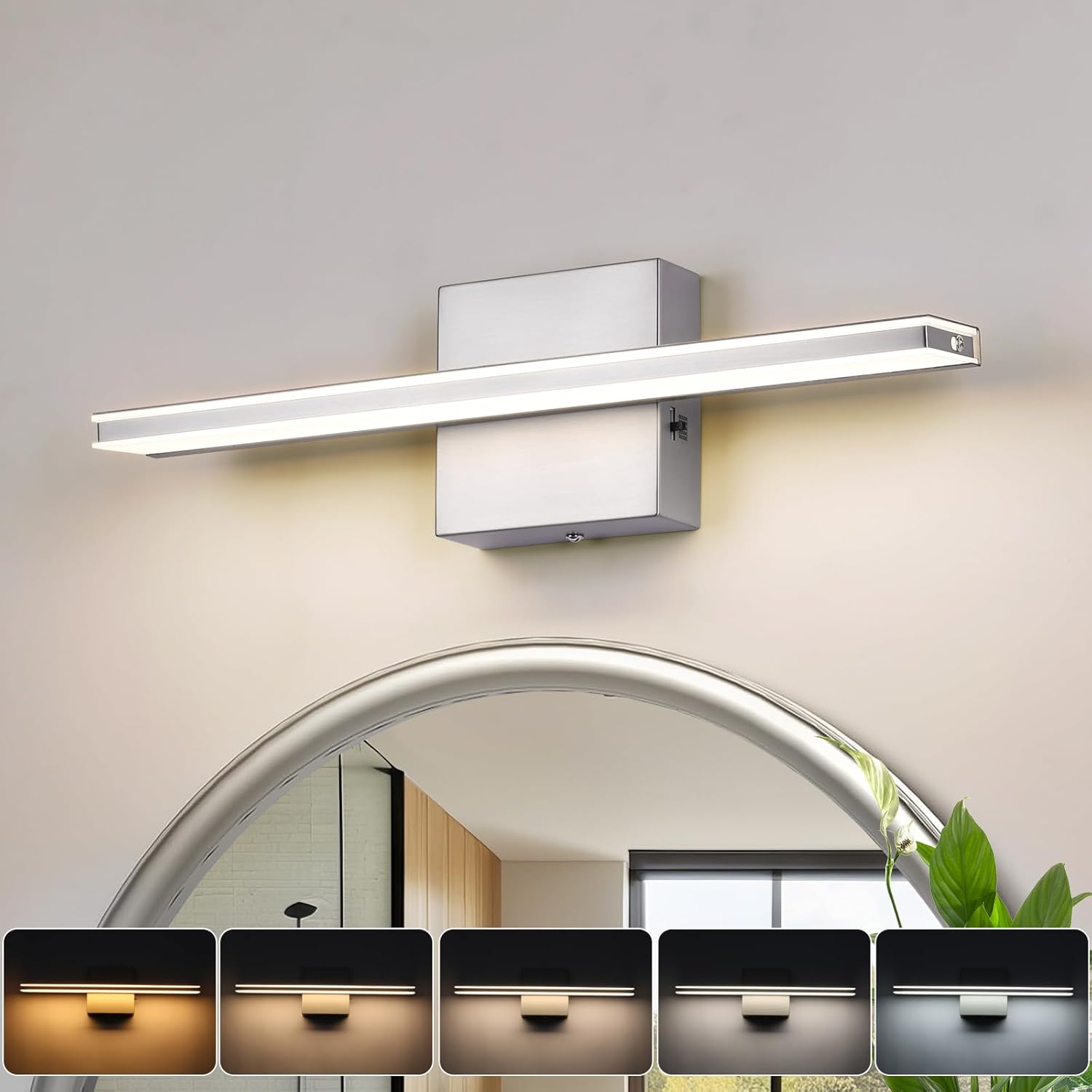 LED Brushed Nickel Vanity Lights with 5 Color Options for Bathrooms