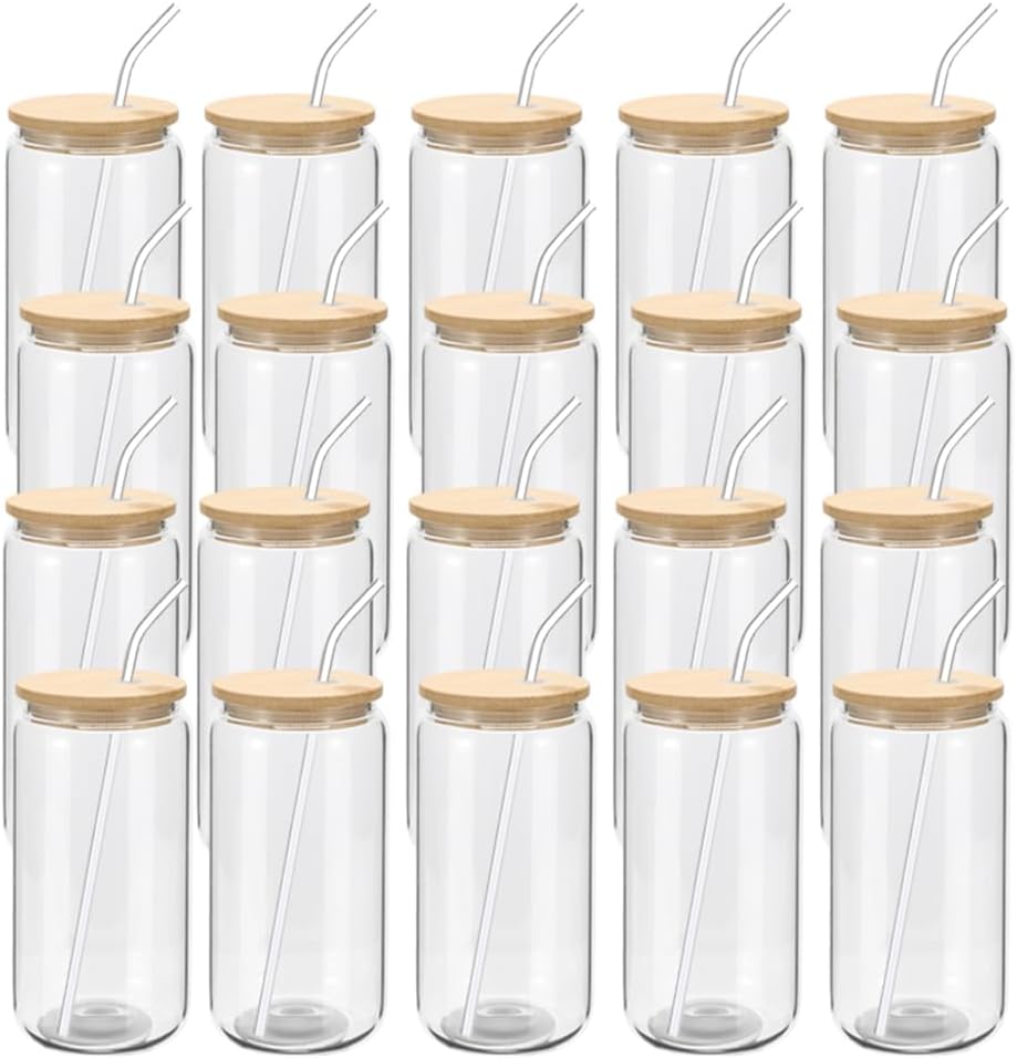 20 Pack Glass Cups with Bamboo Lids and Straws for Drinks