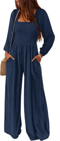 Womens Casual Square Neck Long Sleeve Jumpsuit - Loose Smocked Fit