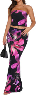 2 Piece Skirt Sets for Women Summer - Floral Tube Top Maxi Set