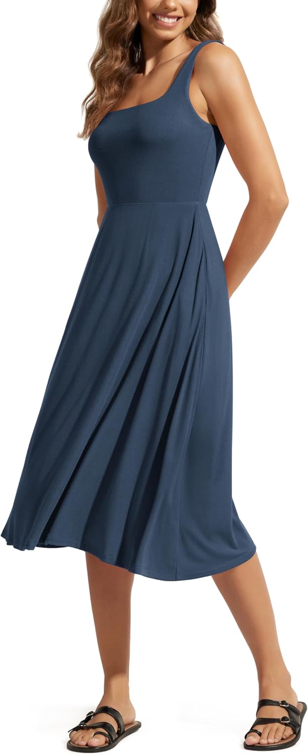 ODODOS Square Neck Midi Dress with Pockets for Women