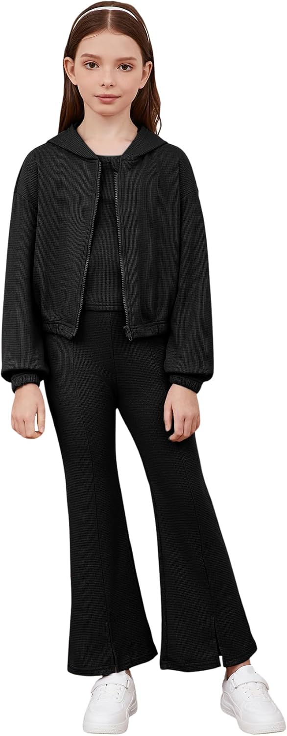 Floerns Girls Long Sleeve Hoodie Tank Split Flare Pants Set