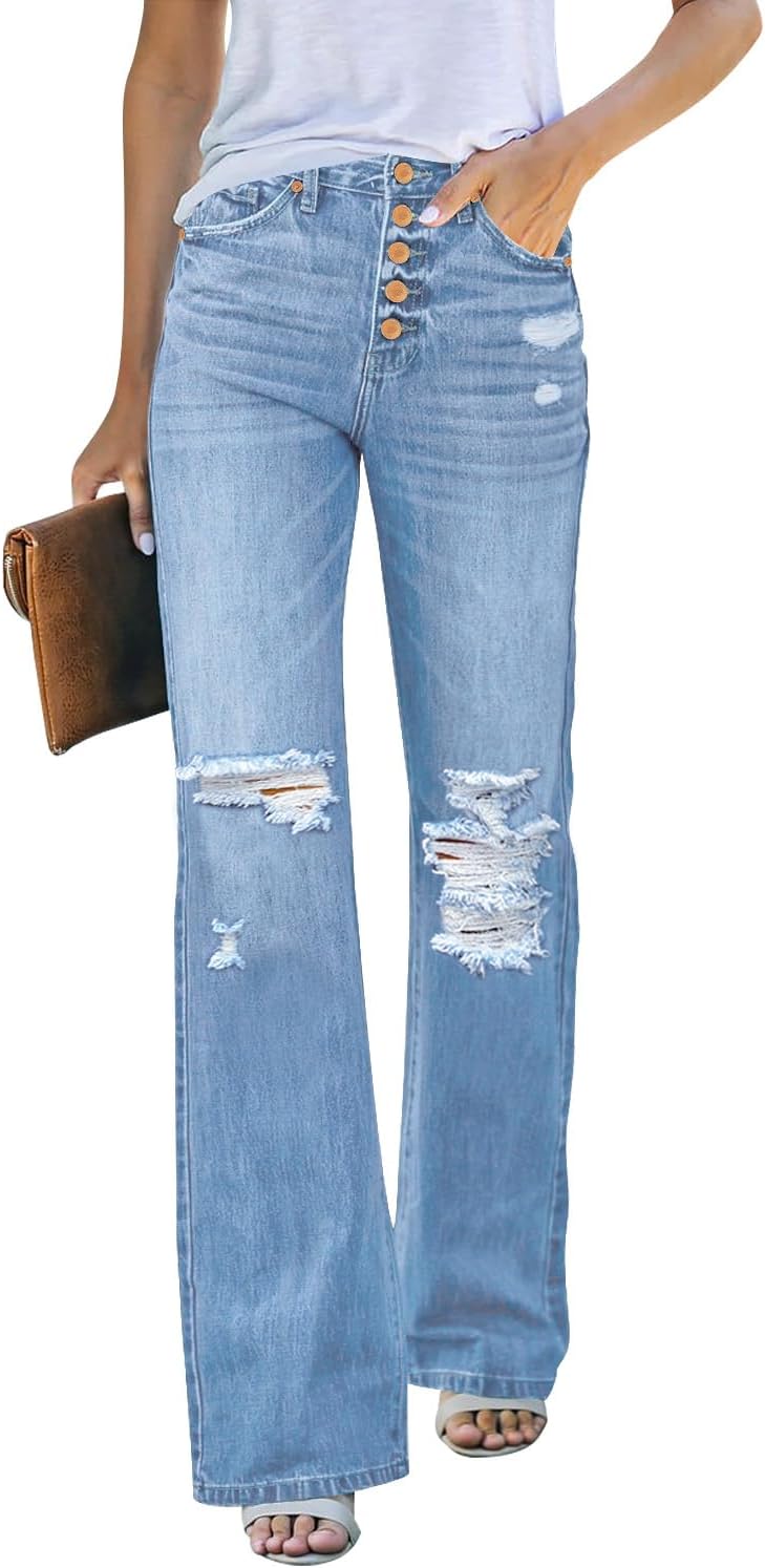 High Waisted Ripped Flare Jeans for Women by LookbookStore