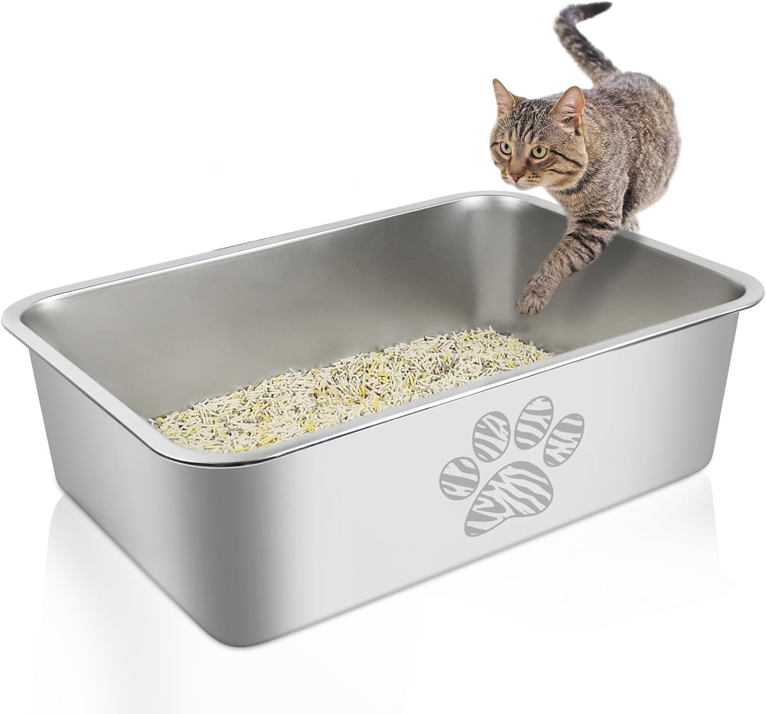 Stainless Steel Cat Litter Box High Side for Medium Pets