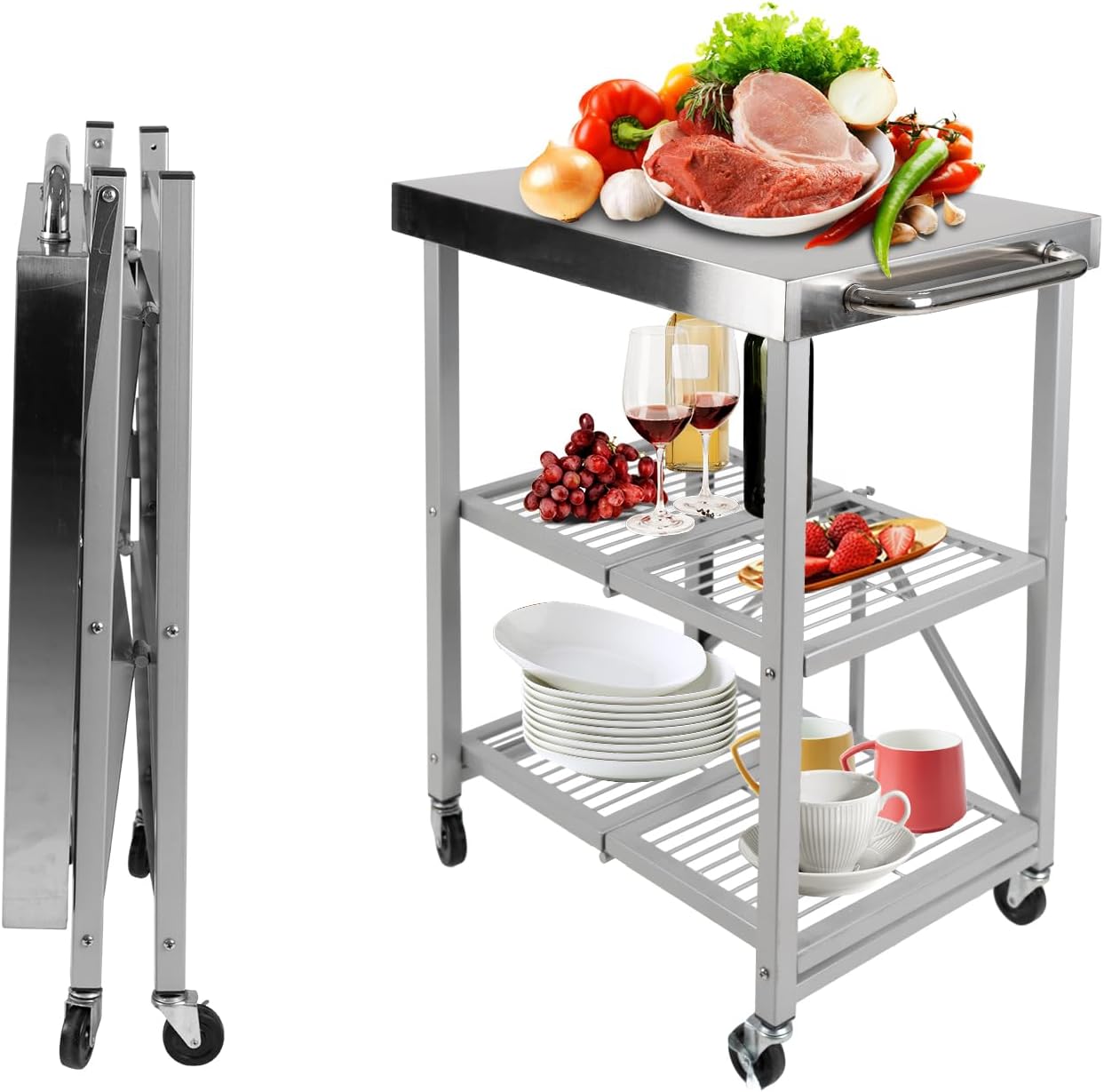 Jenified 3-Tier Stainless Steel Kitchen Cart: 300lbs Load, Portable & Durable