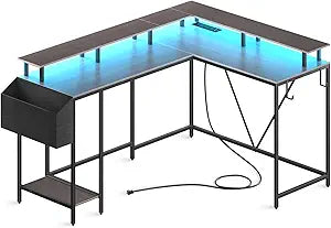 L Shaped Gaming Desk with Power Outlets & LED Lights for Home Office