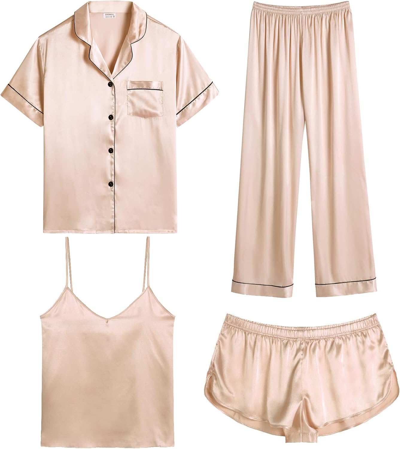 Luxurious 4-Piece Silk Satin Pajama Set for Women by SWOMOG