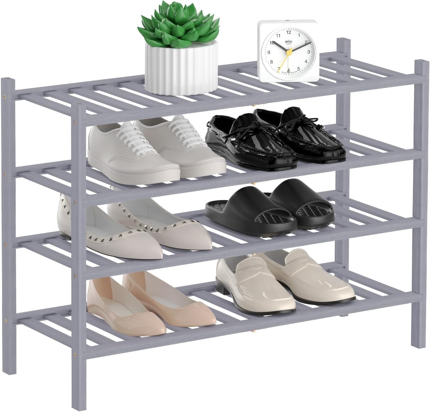 4 Tier Bamboo Shoe Rack for Closet - Stackable Wooden Organizer