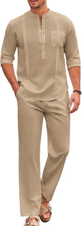 COOFANDY Men's 2 Piece Cotton Sets Cuban Henley Shirt and Loose Pants