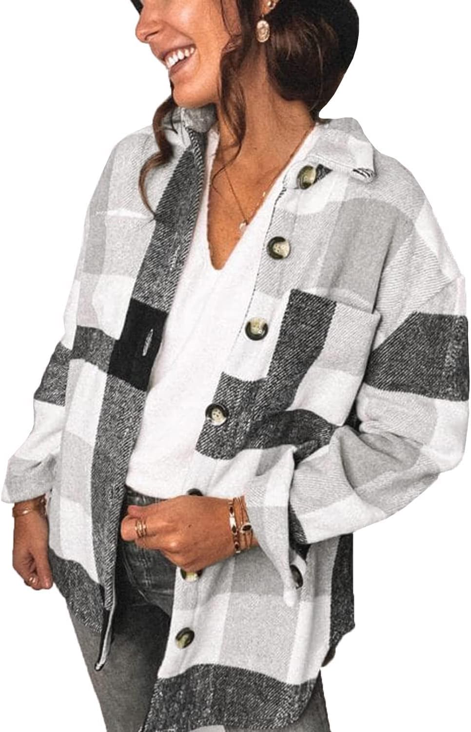 Women's Brushed Plaid Shirts Long Sleeve Flannel Shacket Jacket