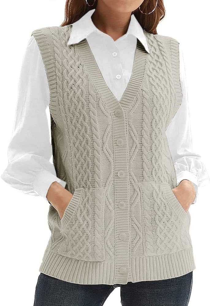 Womens Knit Sweater Vest V Neck Sleeveless Cardigan with Pockets