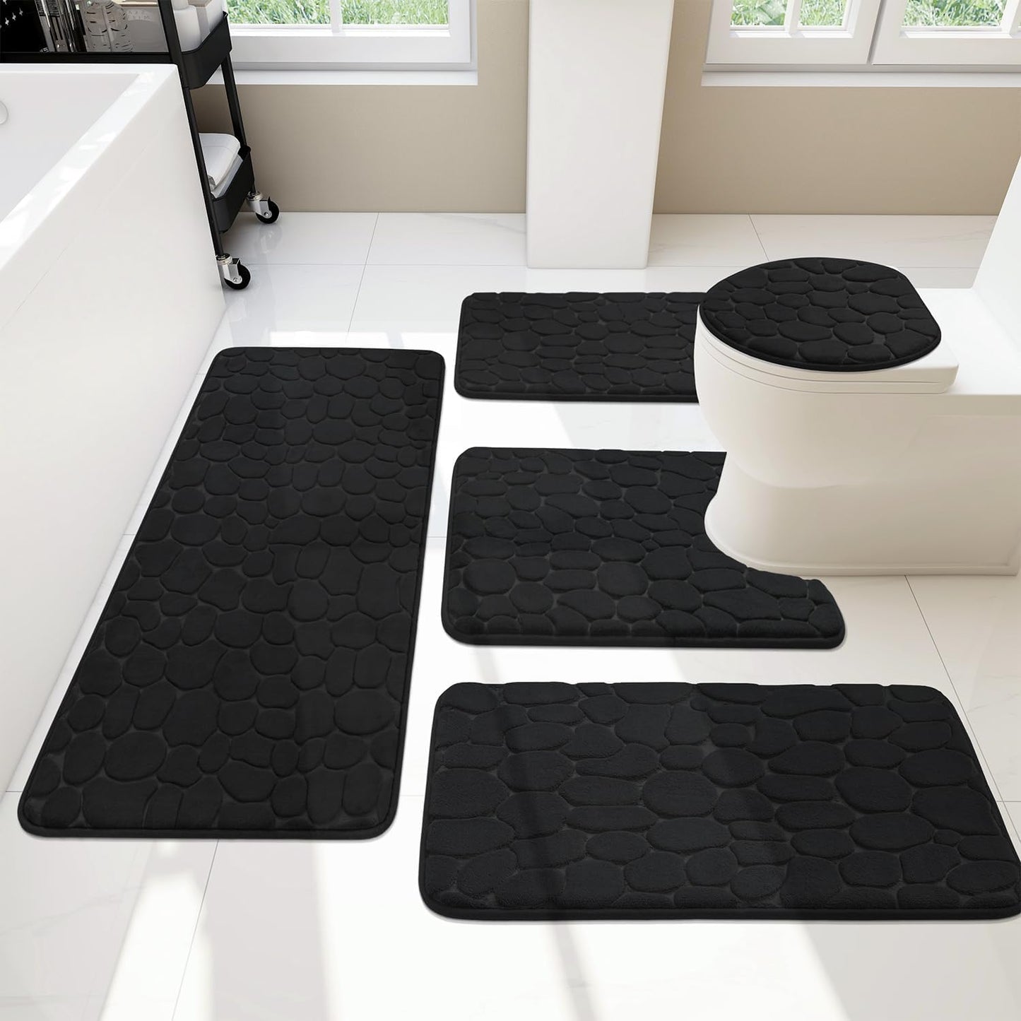 YIHOUSE Bathroom Rugs Set - 5 Piece Cobblestone Memory Foam