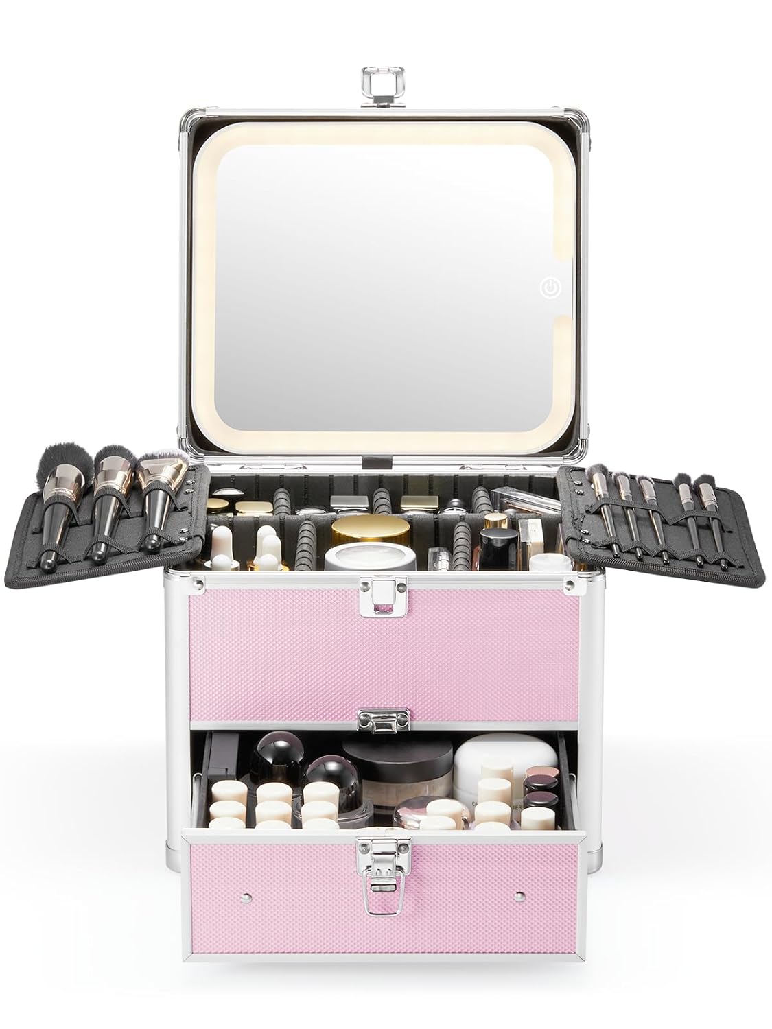Qislee Makeup Box with Lighted Mirror and Adjustable Dividers