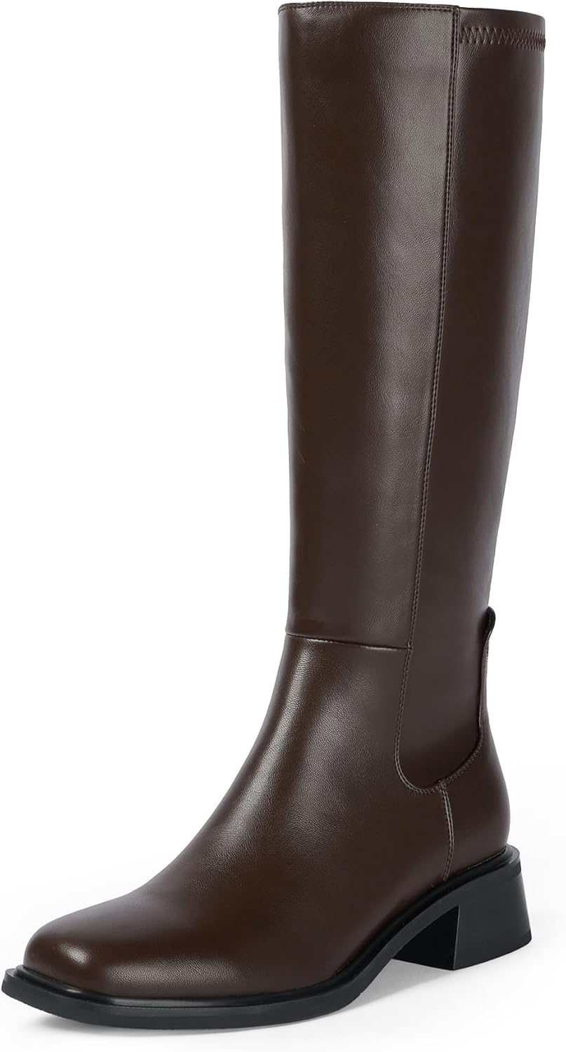 Knee High Boots Women Faux Leather Low Heel Square Toe Style
