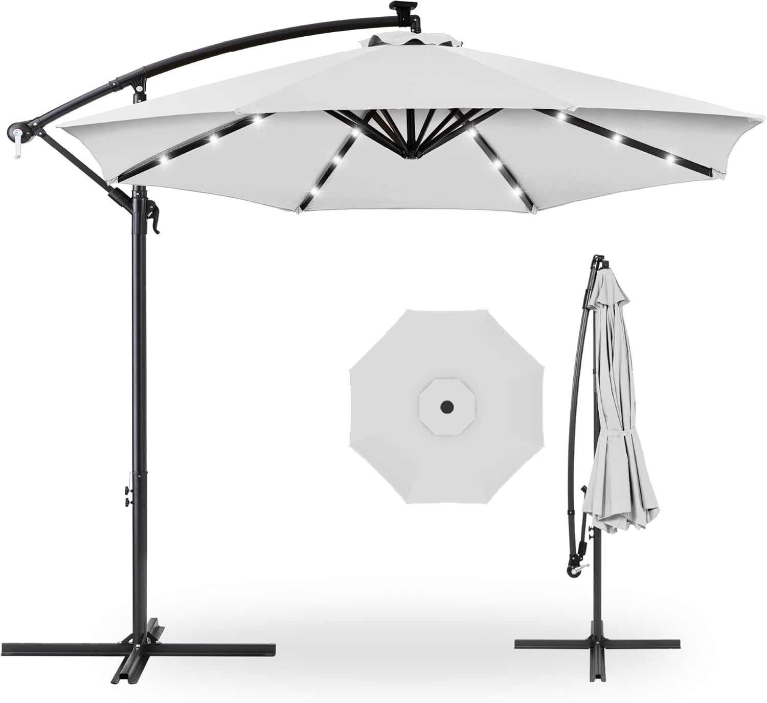 10ft Solar LED Offset Hanging Market Patio Umbrella for Outdoors