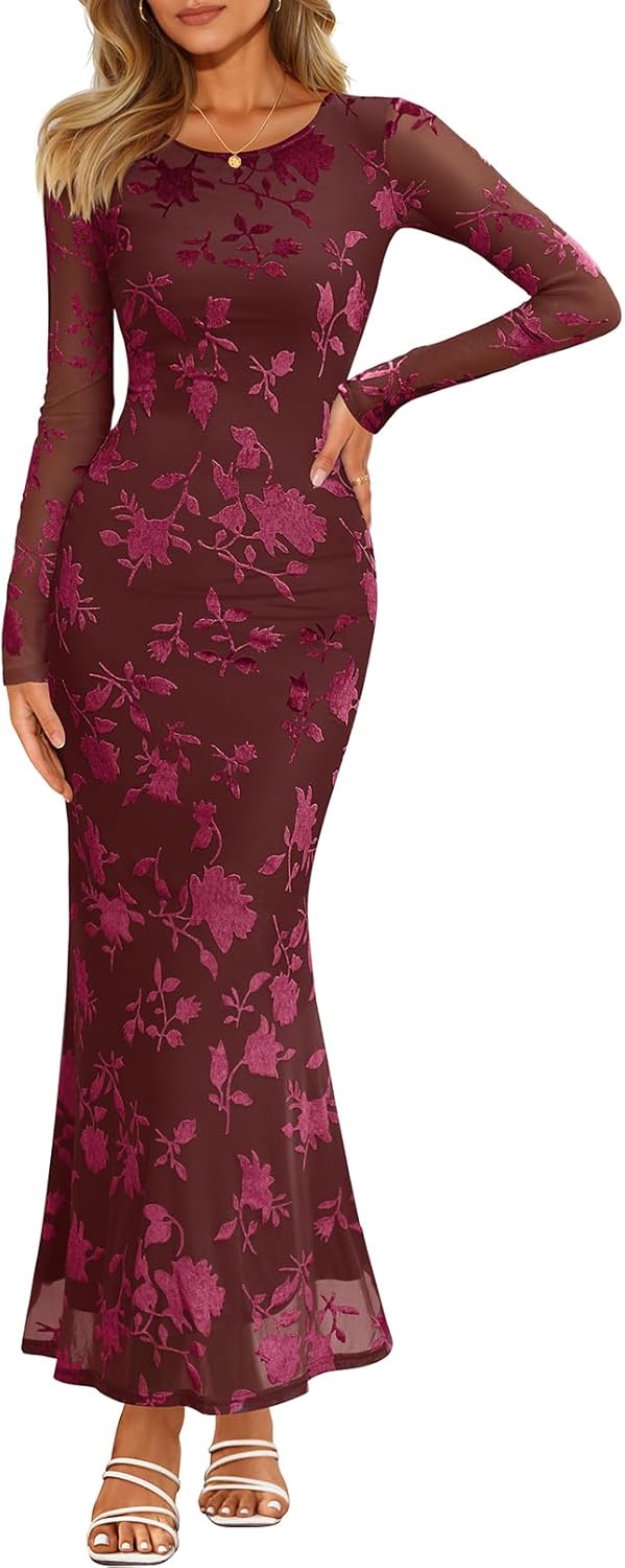 MEROKEETY Women's Floral Mesh Maxi Dress for Fall Weddings