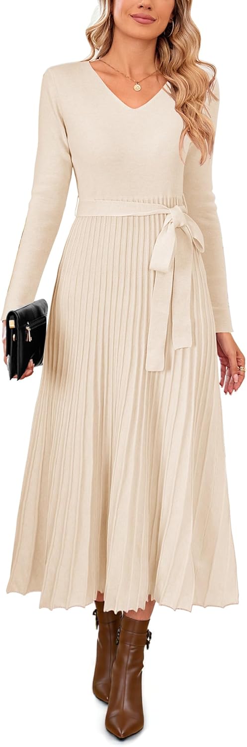 Arach&Cloz Women's Wool Blend Tie Waist Pleated Sweater Dress
