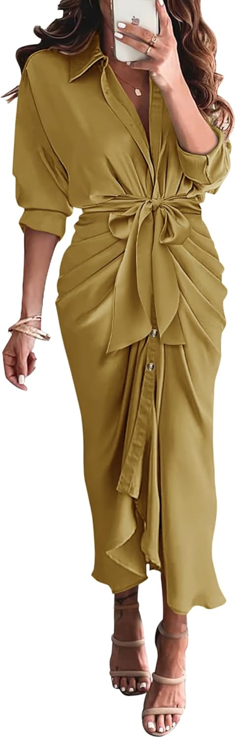 Elegant Satin Maxi Dress for Women with Long Sleeves and Belt