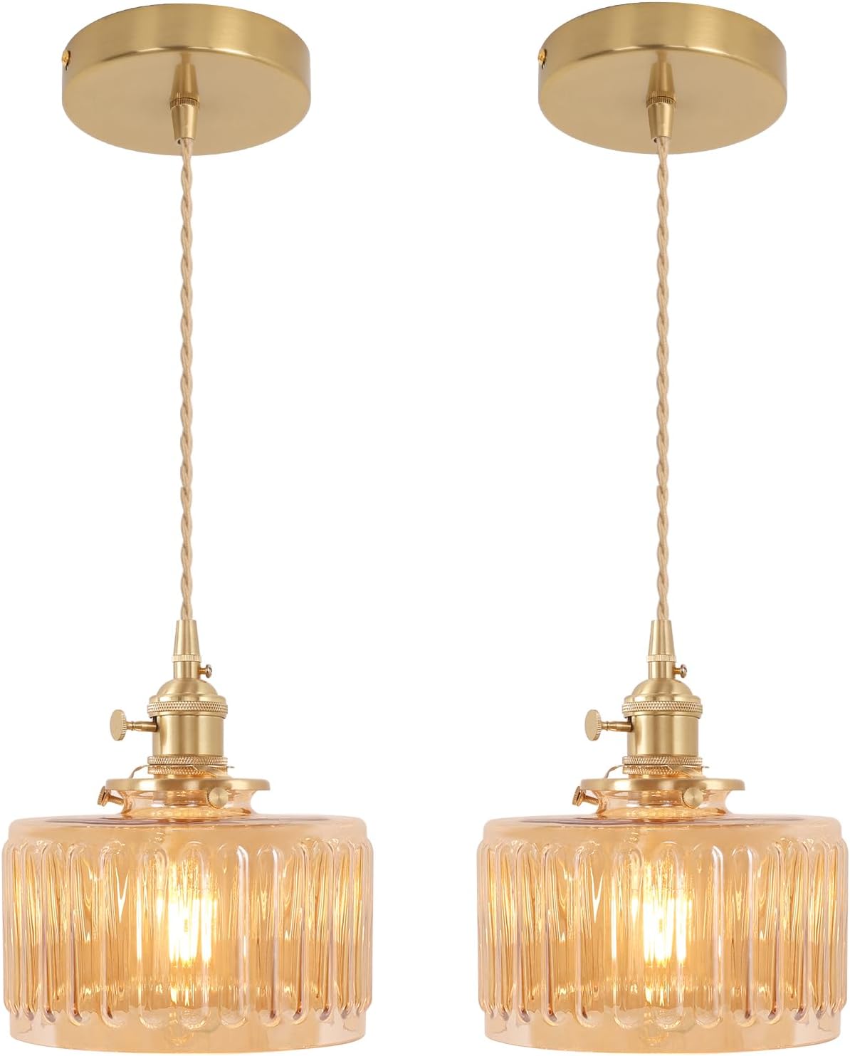 Pendant Light 2 Pack with Amber Striped Glass for Vintage Style
