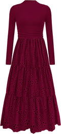Long Sleeve Eyelet Mock Neck A-Line Maxi Dress - Elegant Pocketed
