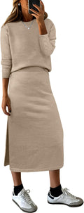 ANRABESS 2 Piece Skirt Set - Striped Sweater Midi Dress Knit Lounge