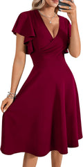 LYANER Women's Warp V Neck Ruffle A-Line Midi Dress (Style 1CNY)