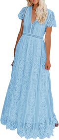 MEROKEETY V Neck Floral Lace Maxi Dress - Flattering Flowy Fit