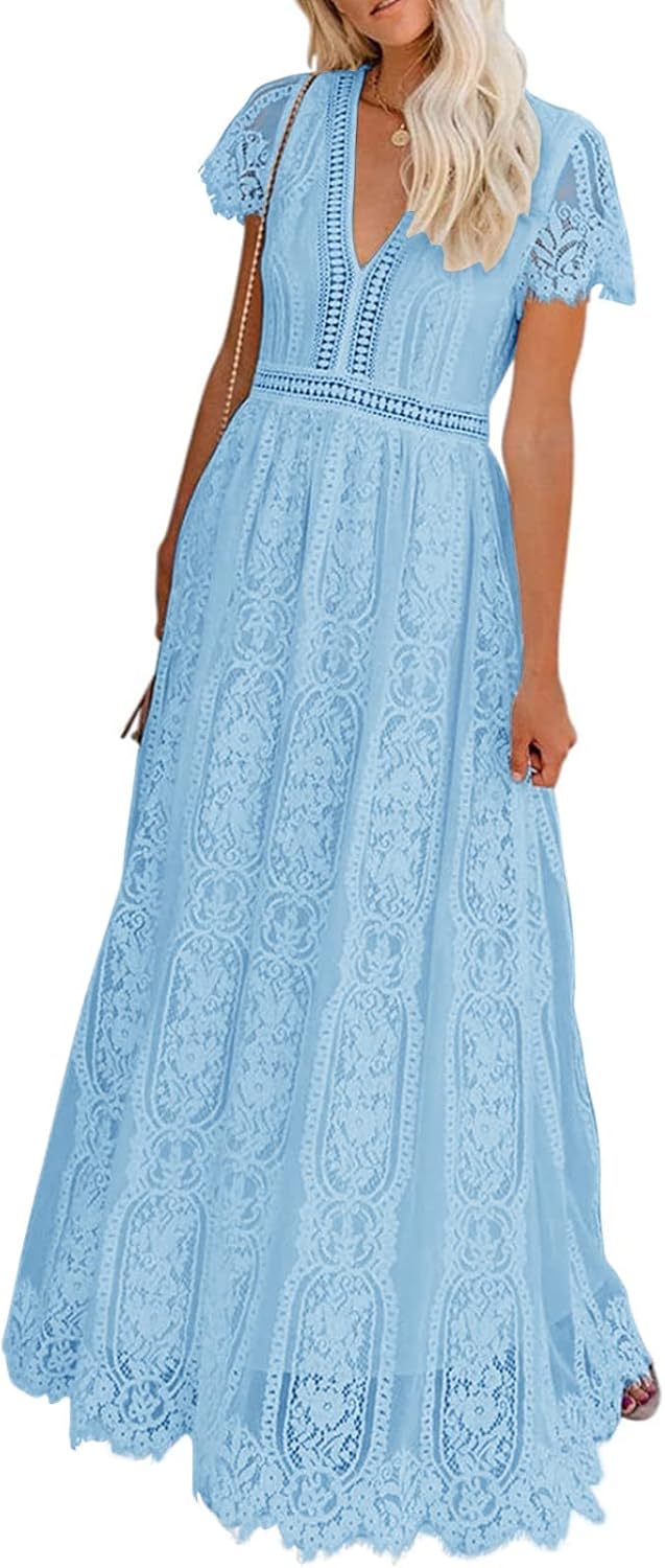 MEROKEETY Women's V Neck Floral Lace Maxi Dress for Weddings
