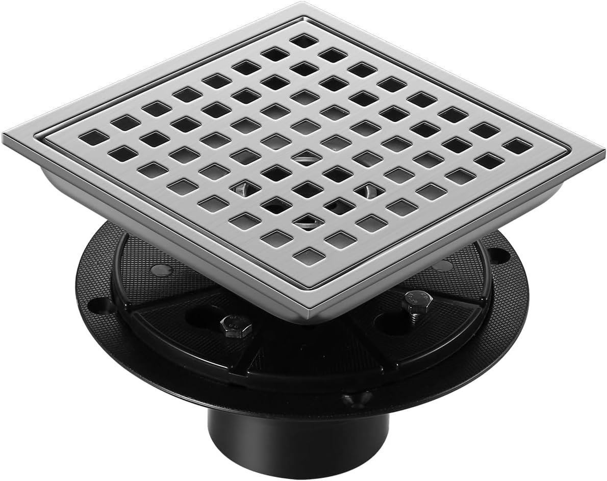 Square Shower Drain with Flange, 6 inch Stainless Steel Drain