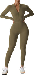 Women Long Sleeve Workout Jumpsuit Zip Up Romper - Sculpting Fit