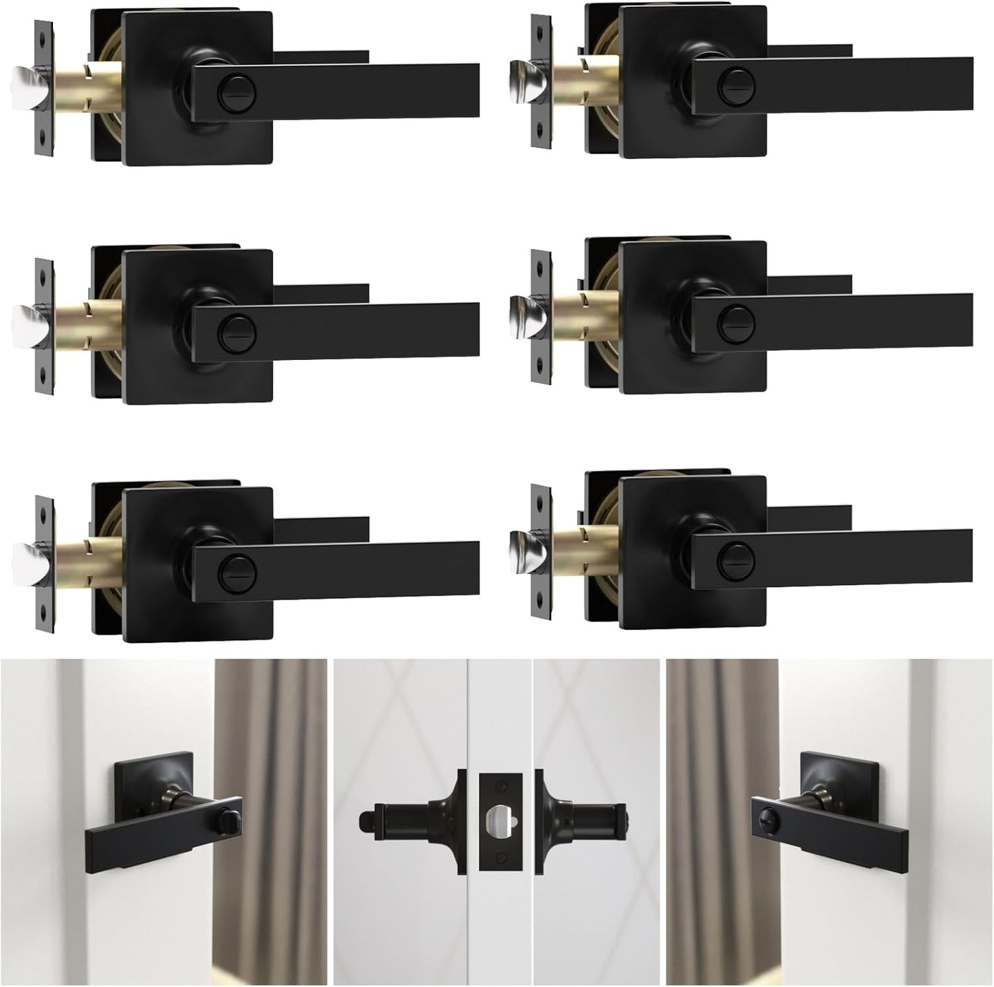 6 Pack Matte Black Door Handles - Keyless Privacy Door Levers
