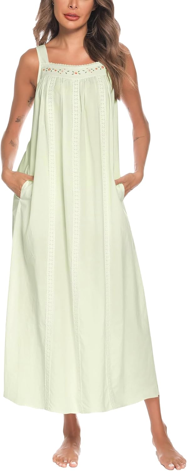 Cotton Nightgowns for Women with Pockets and Embroidery