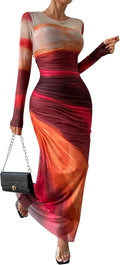 Women's Tie Dye Long Sleeve Maxi Dress Bodycon Ruched - Flattering Fit