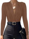 LYANER Women's Wraped V Neck Ruched Long Sleeve Bodysuit