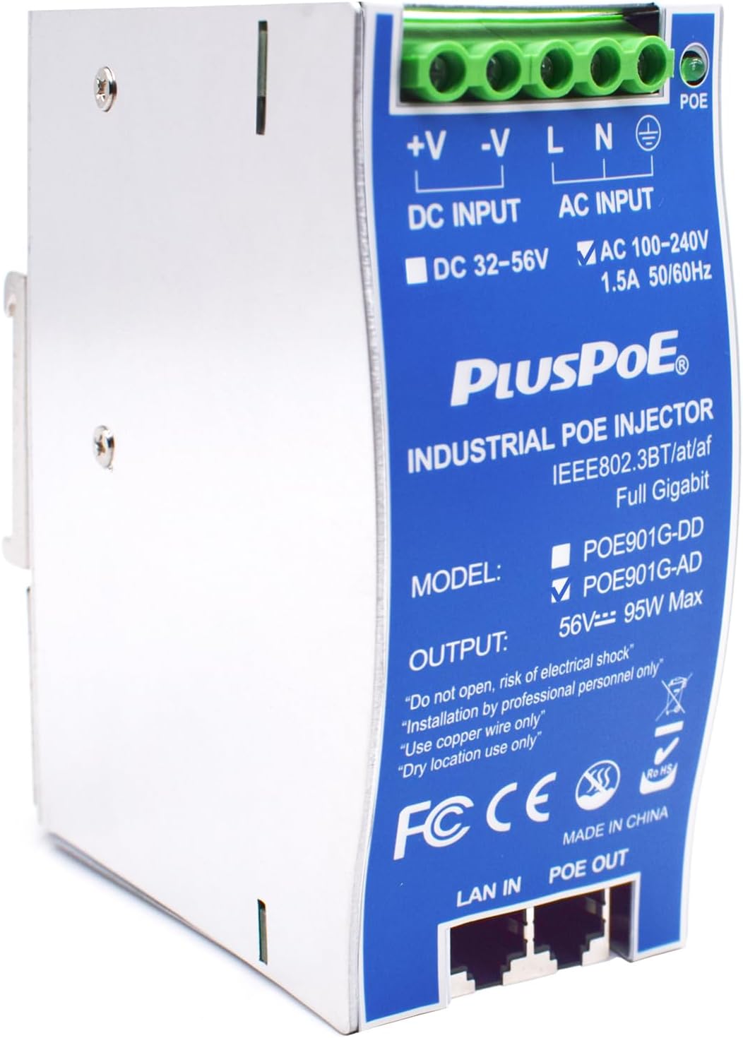 Gigabit Industrial PoE++ Injector 95W for High Power Devices